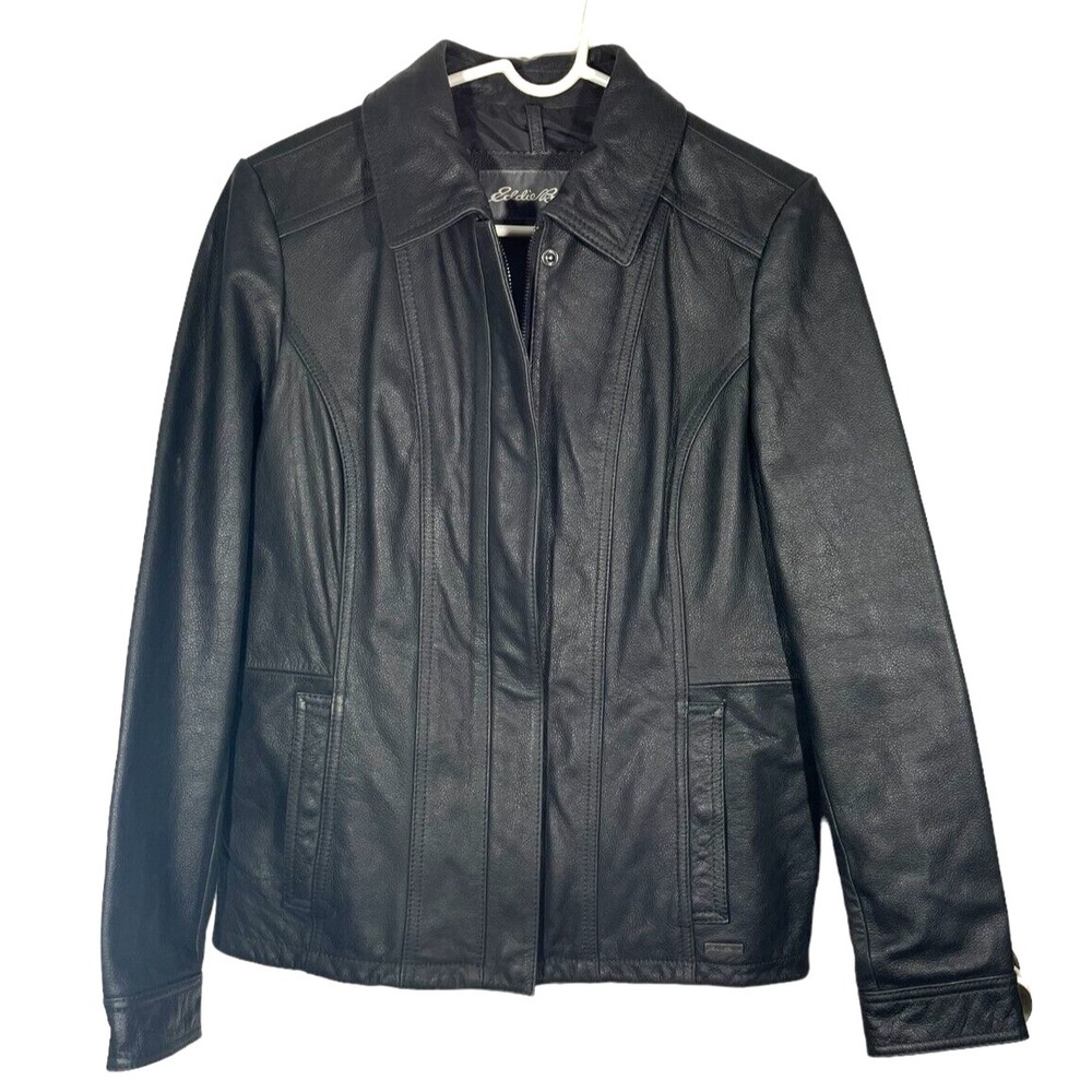 Eddie Bauer Women's Buffalo Leather Jacket Coat Lined Pockets Black Size‎ M
